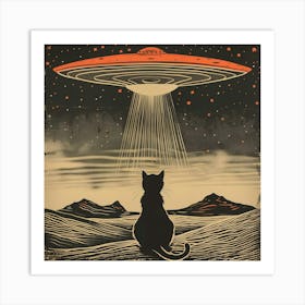 Retro Black Grey and Red Drawing of a Black Cat With Its Back Turned Looking Up at a UFO in the Desert Art Print