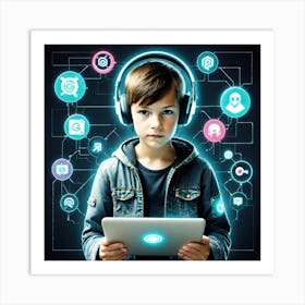 Child With Headphones And Tablet Art Print