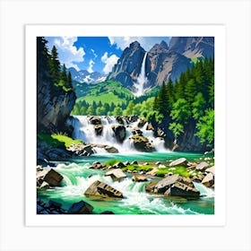 Waterfall In The Mountains Art Print