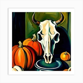 Cow Skull And Pumpkins Art Print