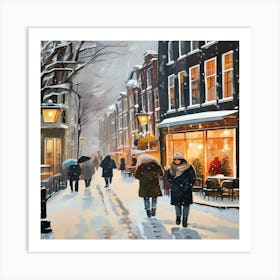 Amsterdam cafes, winter season, Christmas, pale colors, pedestrians in the street, winter clothes, falling snow.3 1 Art Print