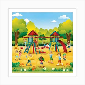 A joyful and colorful scene of children playing together in a vibrant playground, featuring swings, slides, and happy faces, capturing the essence of carefree and active childhood. Such images are popular for various children's products, educational materials, and family-oriented projects Art Print