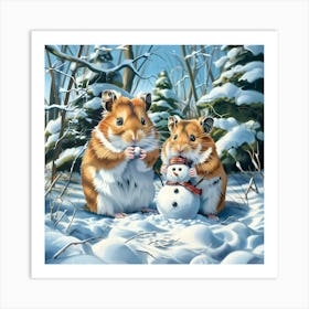 Hamsters and Snowman Art Print