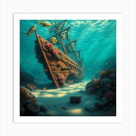 Sunken Pirate Ship In A Coral Reef Art Print