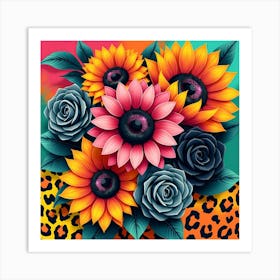 Colourful sunflowers with petals in shades of pink, orange, Art Print