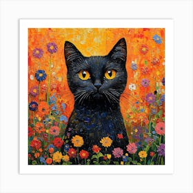 Black Cat In Flowers 1 Art Print