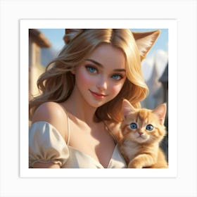 Cute Girl With Cat Art Print