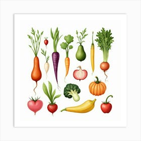 Delicate Watercolor Illustration Of Vibrant Vegetables And Fruits In An Artistic Display 1 Art Print