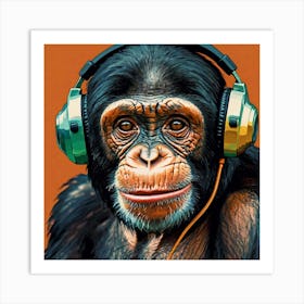 Happy Chimp Wearing Headphones Art Print