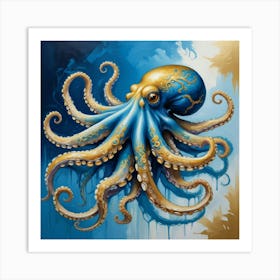 Octopus Blue And Gold Animal Art Print 1 Art Print