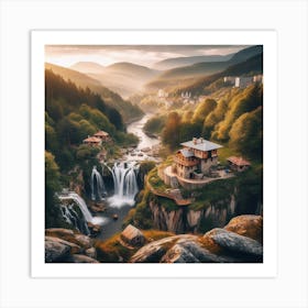 Waterfall In The Mountains Art Print