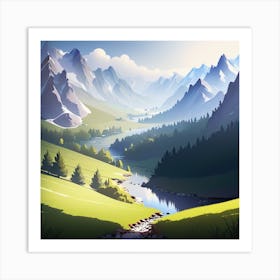 Landscape With Mountains And River Art Print