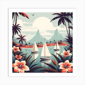 Colorful Tropical Landscape With Sailboats Art Print