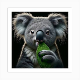 Cute Koala chewing on leaf portrait isolated on black background 1 Art Print