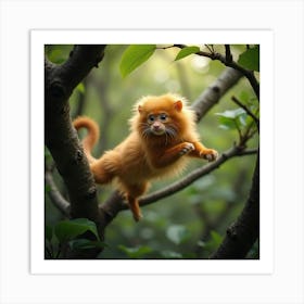 A Graceful Golden Lion Tamarin Leaping Between Trees 2 Art Print