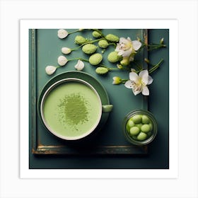 Matcha Green Tea With White Flowers Art Print