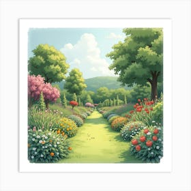 A Serene English Garden In Full Bloom, With A Watercolor Effect 1 Art Print