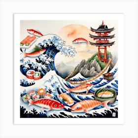 Surreal Sushi Mujina Yokai Intricate Watercolor Masterpiec Art Print