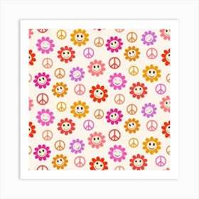 Retro Smiling Flowers with Peace Signs Art Print