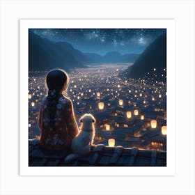 Little girl and her little dog looking at the night sky together 4 Art Print