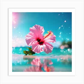 Blue Ocean and Pink Hibiscus Flower on the Beach 1 Art Print