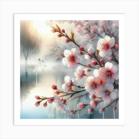 Cherry Blossom Watercolor Painting: Misty Morning Over Fall Pond by Alison Brady – Pastel Colors & SAI Sunshine. Art Print