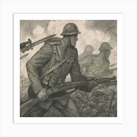 Soldiers Carrying Rifles With Fixed Bayonets, Advancing Through Barbed Wire Entanglements W Art Print