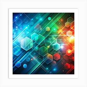 An abstract digital background with geometric shapes, lines, and vibrant colors. Art Print