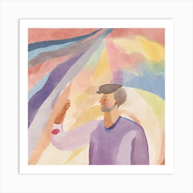 A watercolor painting depicting a man reaching towards a colorful light. Art Print