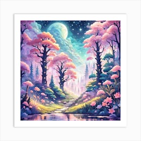 A Fantasy Forest With Twinkling Stars In Pastel Tone Square Composition 129 Art Print