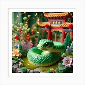 Chinese Green Snake slithering in a garden, during Chinese New Year Art Print