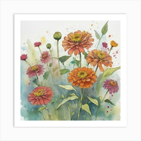 Zinnias flower plants painting art print 3 Art Print