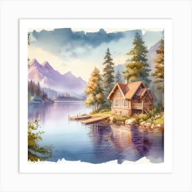 Watercolor Of Cabin By The Lake Art Print