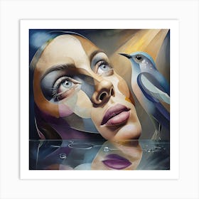 Surreal Close-Up Portrait of a Woman with Artistic Bird Design Art Print