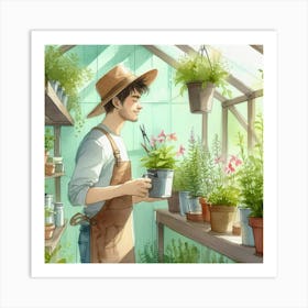 Gardener In Greenhouse Art Print