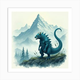 Monster With A Watercolor Foggy Mountain Scene 1 Art Print