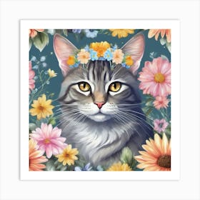 cat in floral crown Art Print