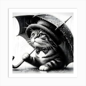 A Black And White Pencil Sketch Of A Cat Holding An Umbrella Art Print