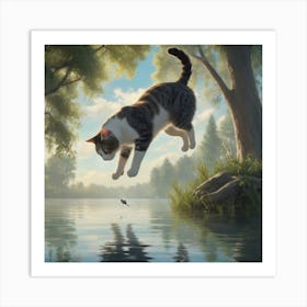 Cat Jumping In Water Art Print