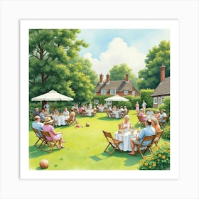 An English Summer Garden Party With Guests Playing Lawn Games, Watercolor 1 Art Print