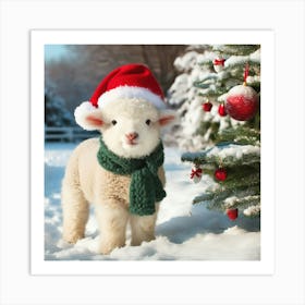 Cute Lamb With A Scarf And A Santa Hat Art Print