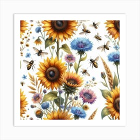 Sunflowers And Bees Pattern 3 Art Print