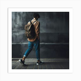 Young Man Walking With Backpack Art Print