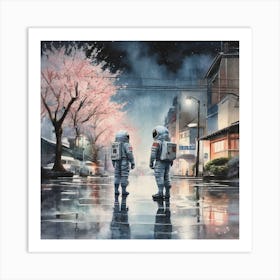 Two Astronauts In The Rain Art Print