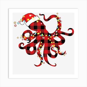 Red Plaid Buffalo Octopus Christmas Lights Pajamas Art Print