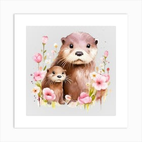 Watercolor Spring Mama And Baby Otters Art Print