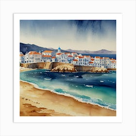 Watercolour Of A Village.Summer on a Greek island. Sea. Sand beach. White houses. Blue roofs. The beauty of the place. Watercolor. Art Print