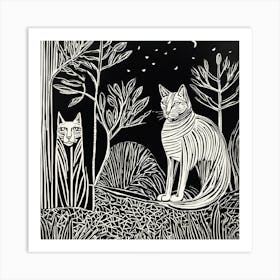 Abstract Cat Linocut Illustration Art Print