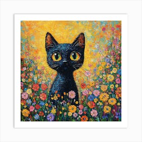 Black Cat In A Flower Field 2 Art Print