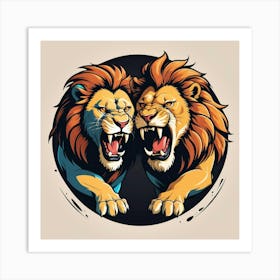 Two Angry Male Lion Roar On Circle Logo Art Print